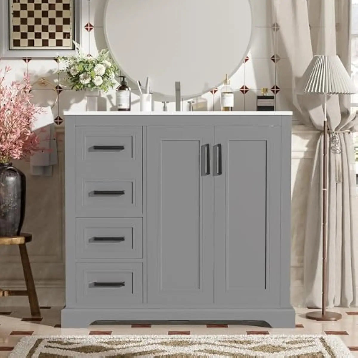 36 Inch Rectangular Bathroom Vanity with Integrated Ceramic Sink Overflow Protection Soft Close Cabinet Doors Three Tier Storage