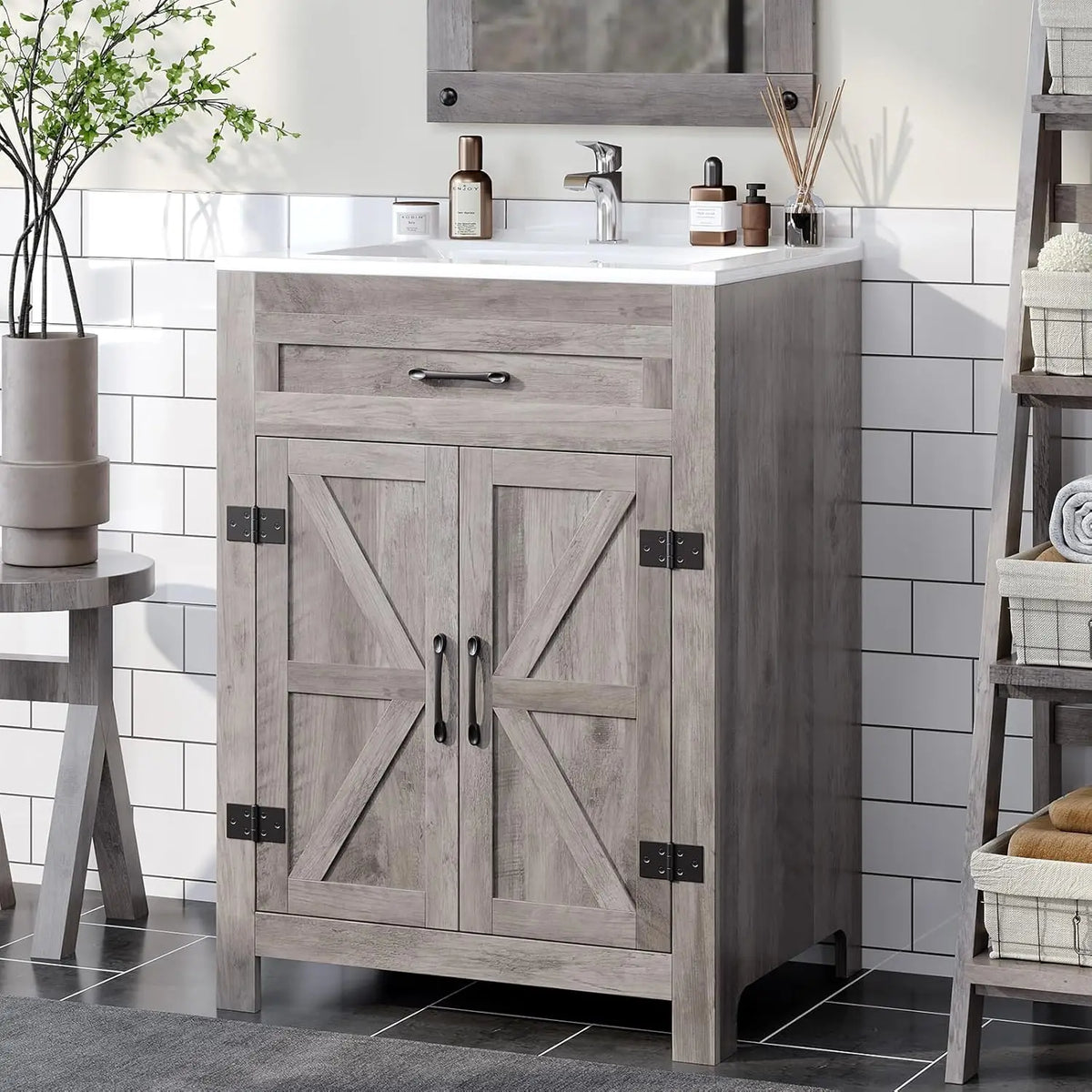 30" Farmhouse Bathroom Vanity with Sink, Free Standing Small Bathroom Storage Cabinet with 3 Holes Ceramic Basin Combo Set