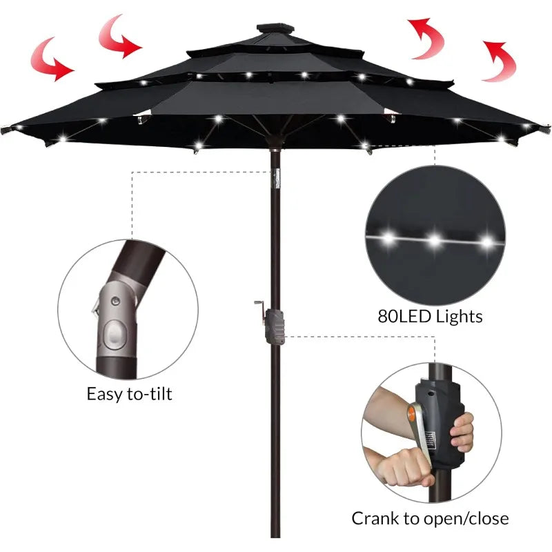 USA 10-Year-Non-Fading Solar 9ft 3 Tiers Market Umbrella with 80 LED Lights Patio Umbrellas Outdoor Table with Ventil