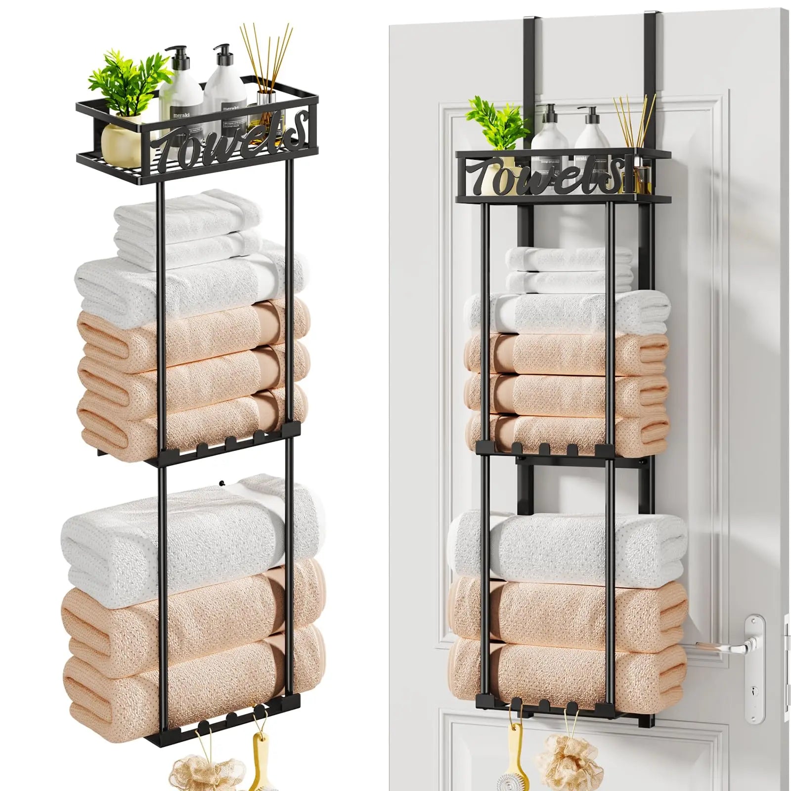 Towel Rack Bathroom Storage - 3 Tier Over The Door & Wall Mounted Rolled Towel Racks Holder Organizer With Metal Shelf An