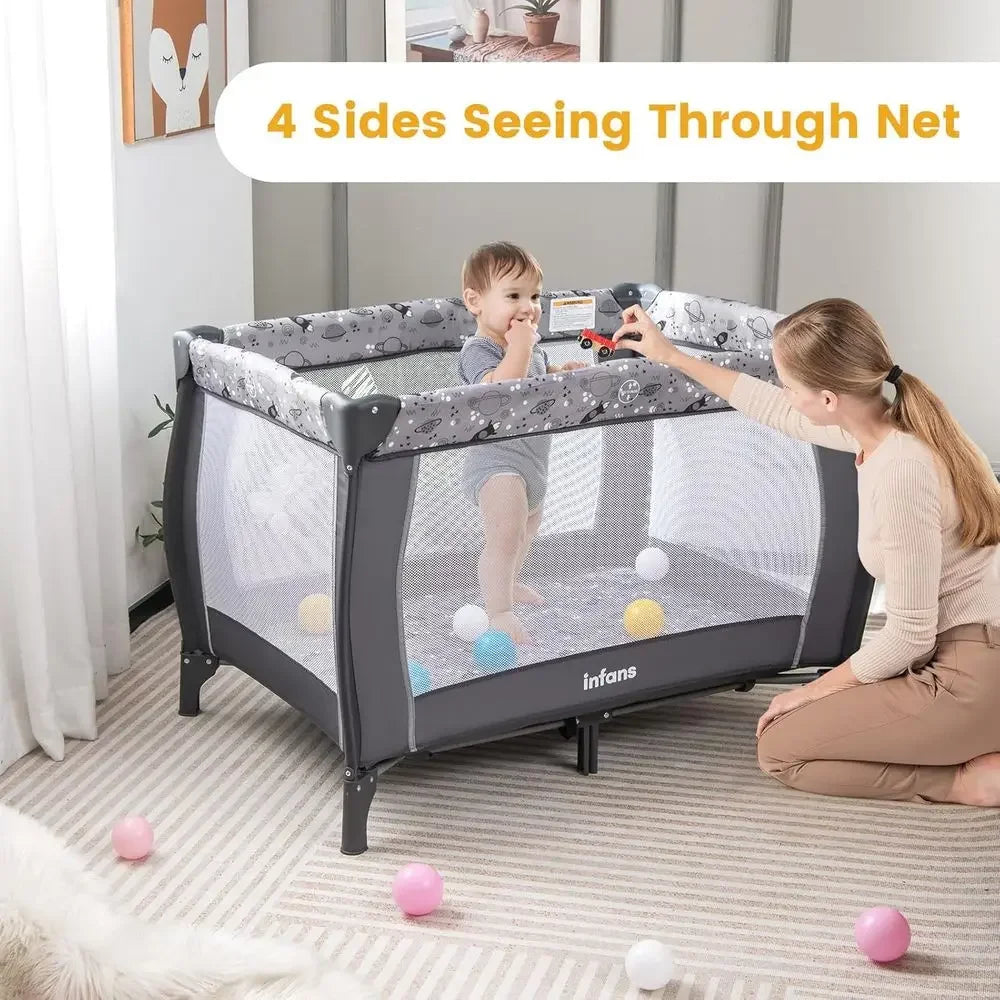All-in-One Portable Baby Playard with Bassinet, Changing Station, Mosquito Net, Toys, Music, Storage for Toddlers - GreyTime-lim
