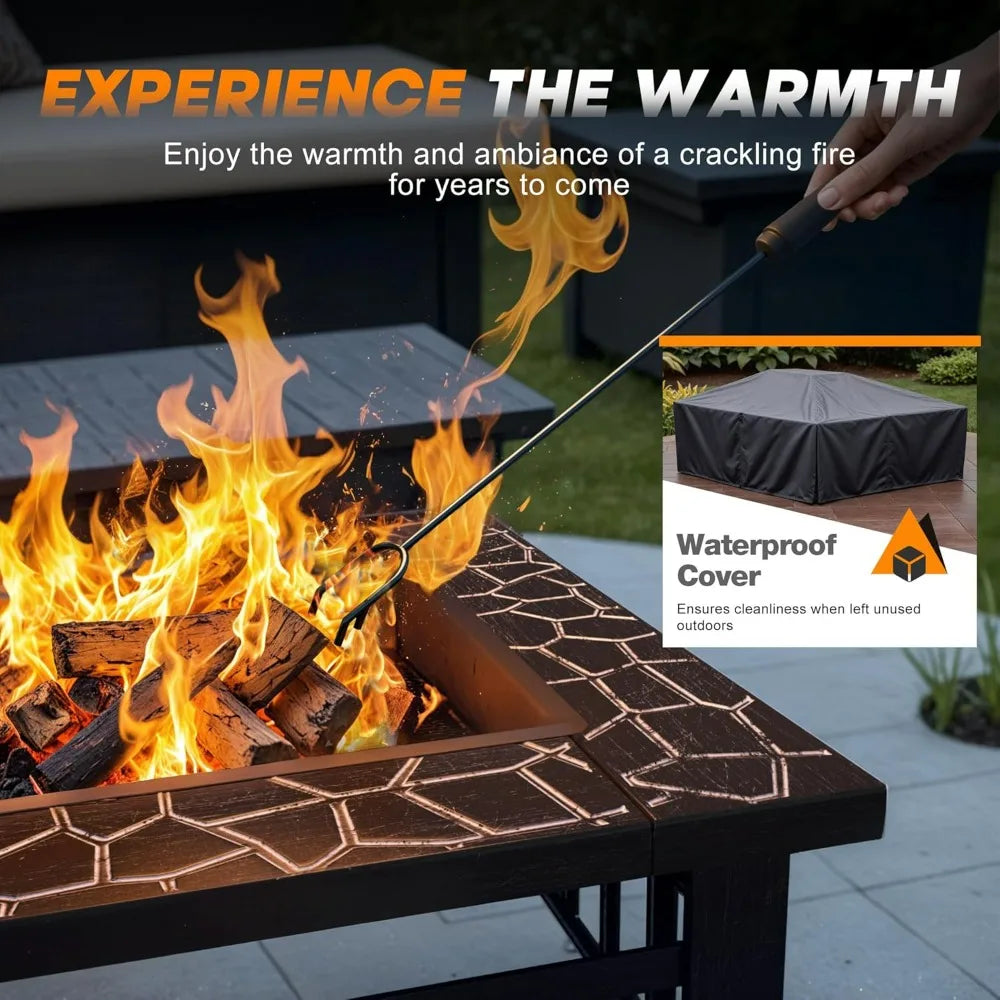 Outdoor Metal Fire Pit Table with Waterproof Cover for Patios