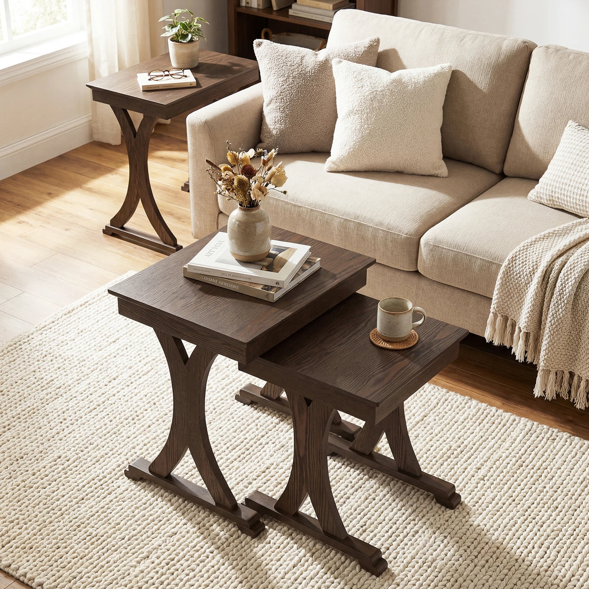 HOMASIS Nesting Coffee Table Set With Solid Rubber Wood Legs