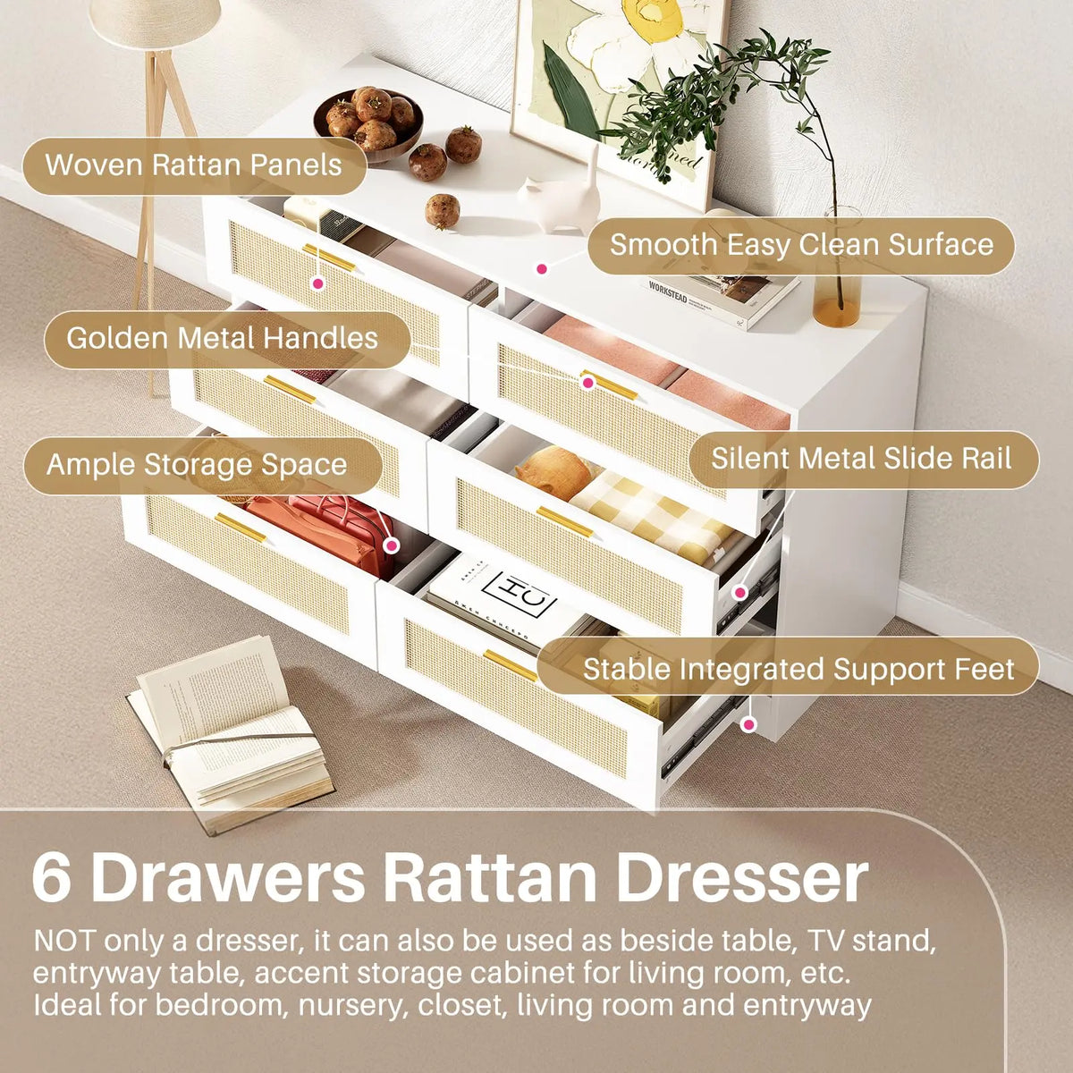 Rattan Six Drawer Dresser for Bedroom and Living Room Storage