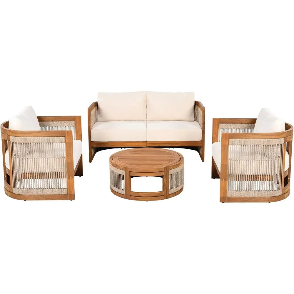 4-Piece Patio Contion Set, All Weather Sectional Soa Set w/ 2 Chairs, Loveseat & Table Premium, Acacia Wood Outdoor urniture Set