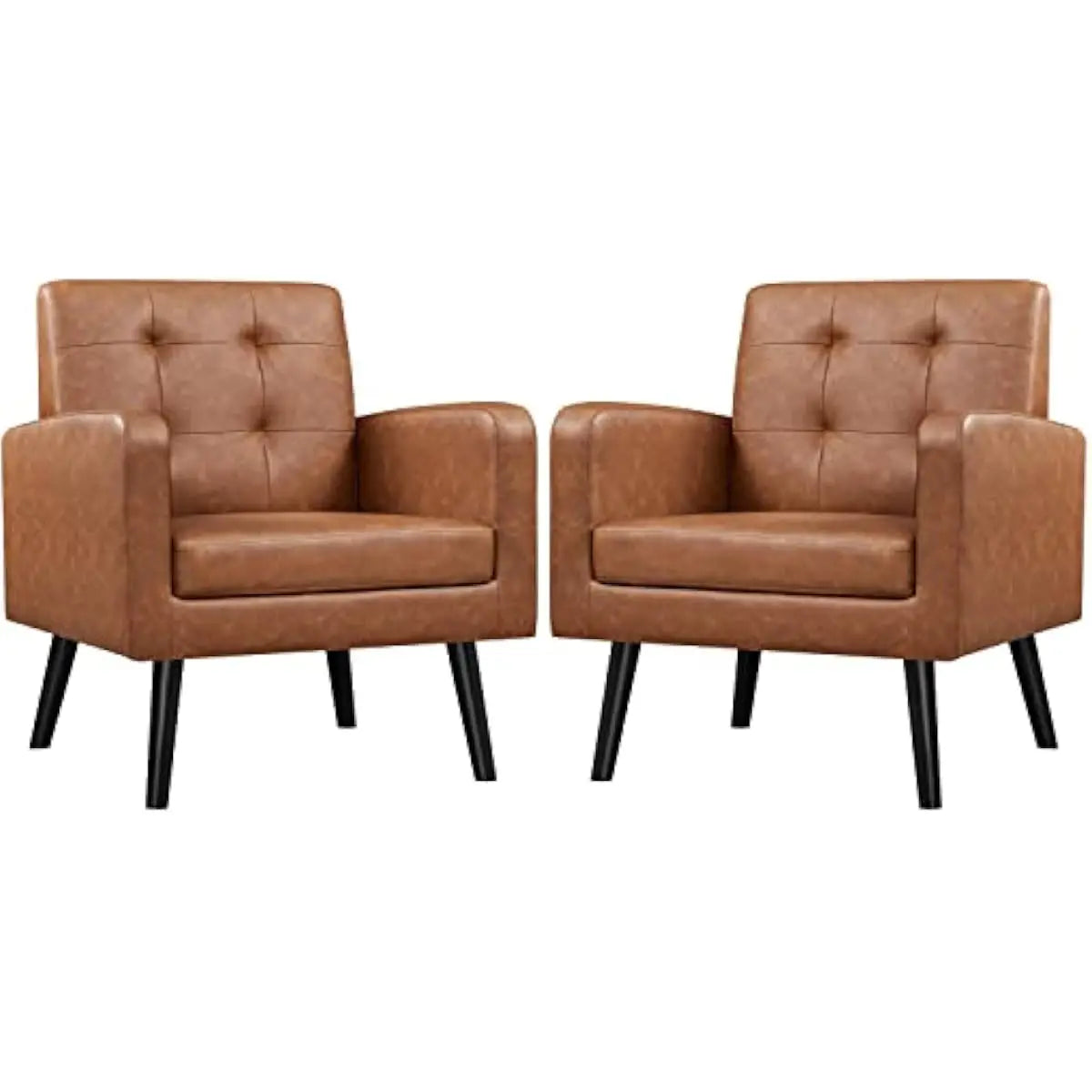 Mid Century Modern Faux Leather Tufted Armchairs With Rubberwood Legs