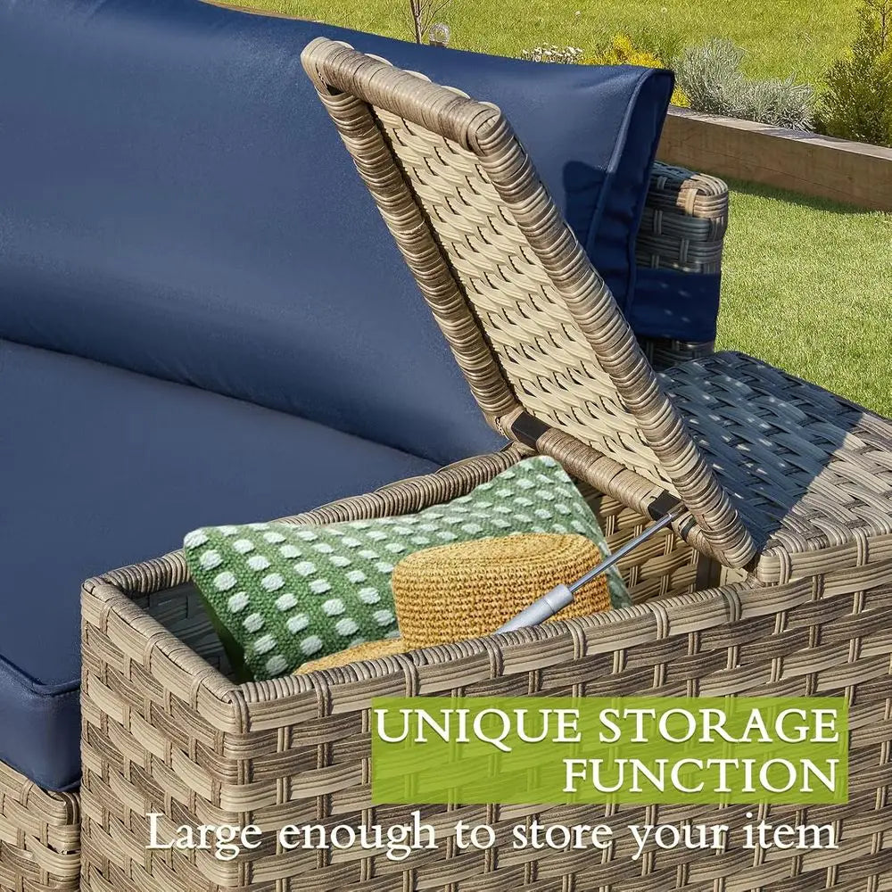 7 Piece Outdoor Hal Moon urniture, Wicker Patio Sectional Contion Set with 2 Storage Armrests and Circle Glass Table, Gray Ratta