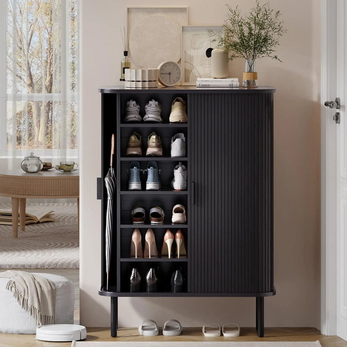 ONBRILL Fluted Six Tier Shoe Cabinet With Sliding Door