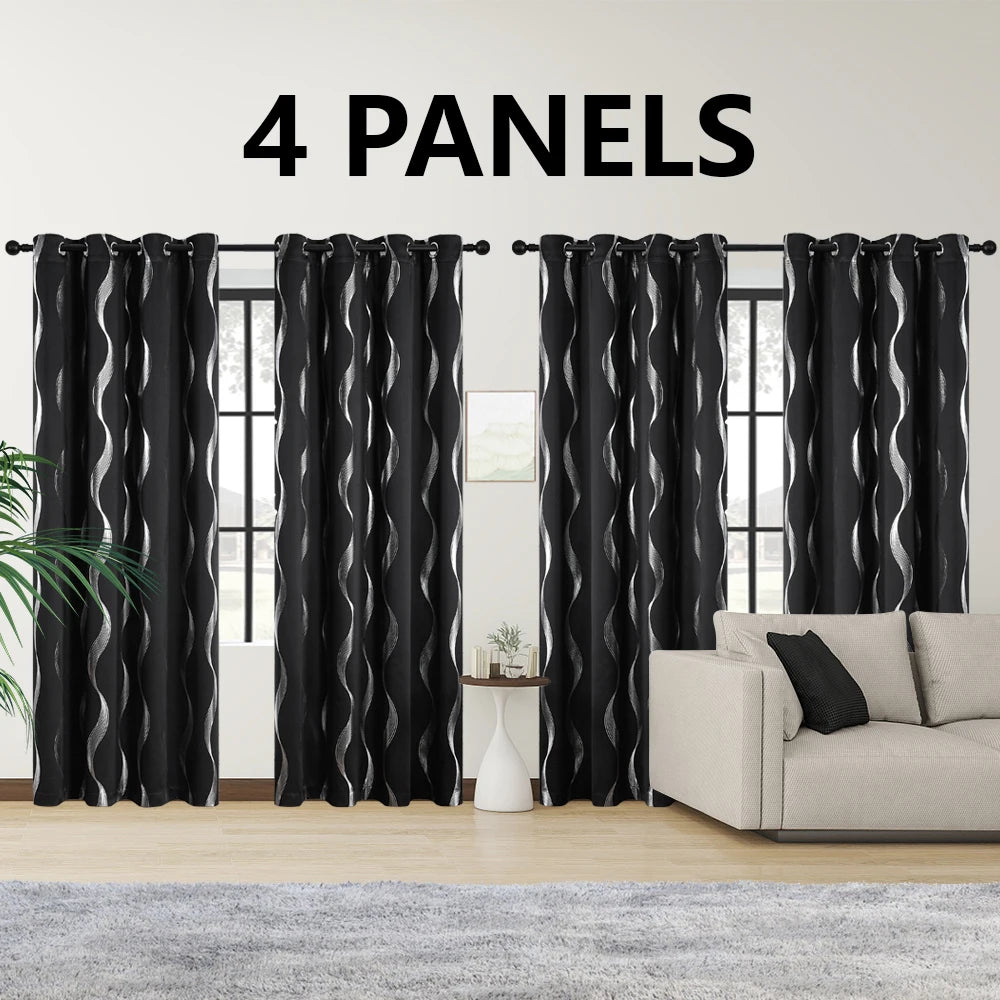 4PCS Blackout Curtains Grommet Thermal Insulated Room Darkening With Wave Foil Printed For Bedroom