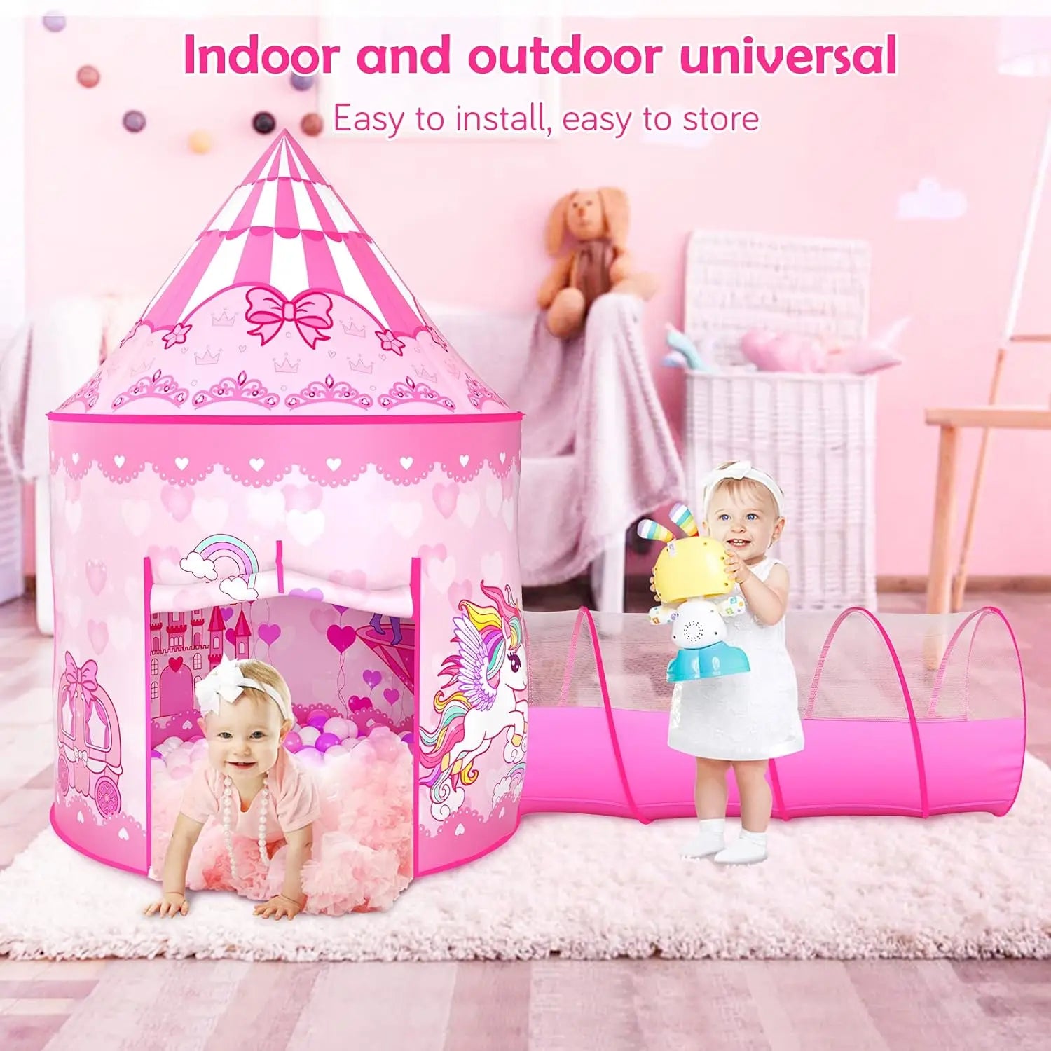 Pink Princess Play Tent Set with Ball Pit and Tunnel for Girls Indoor Outdoor Birthday Gift