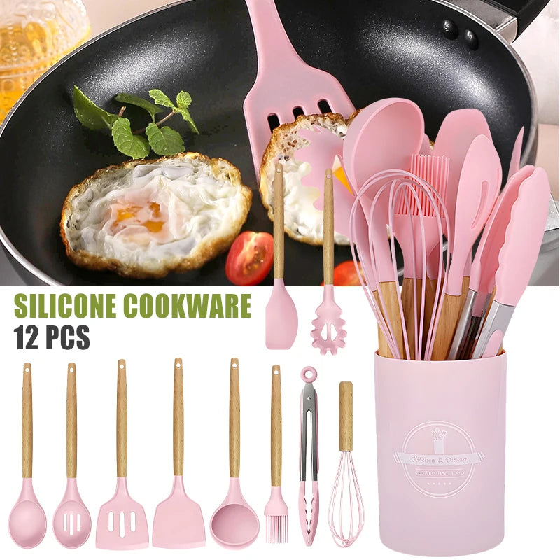 Silicone Kitchen Utensil Set 12 Piece Nonstick With Storage Bucket