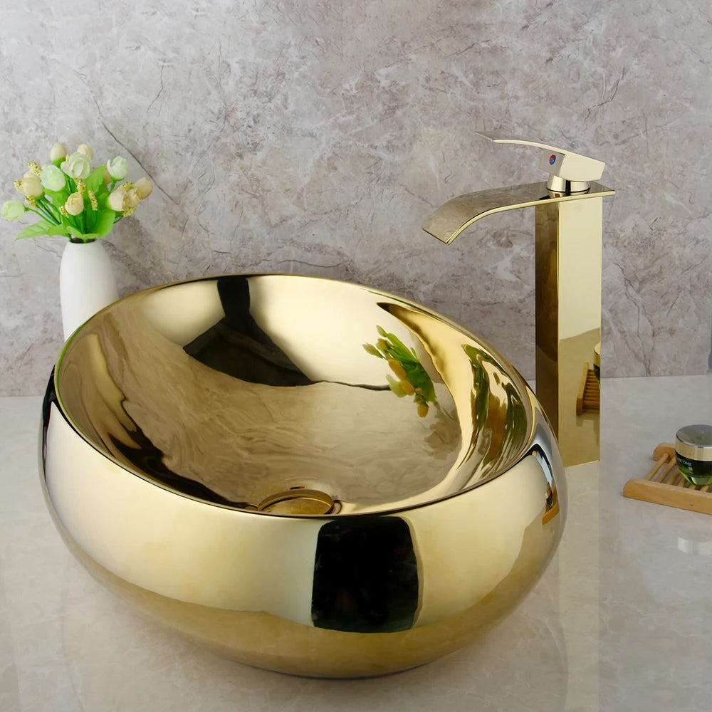 KEMAIDI 23 Inch Bathroom Vessel Sink Gold Ceramic Sink Bowl w/ Waterfall Faucet and Drain Combo Modern Vessel Sink Above Counter