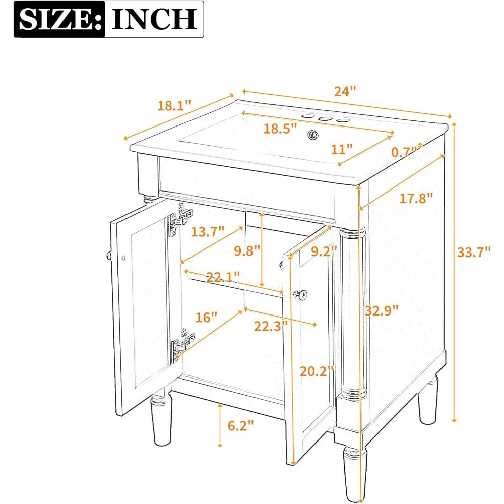 24 Inch Bathroom Vanity with Single Sink Combo Set, Modern Bathroom Storage Cabinet with Double Soft Closing Doors, Solid Wood F