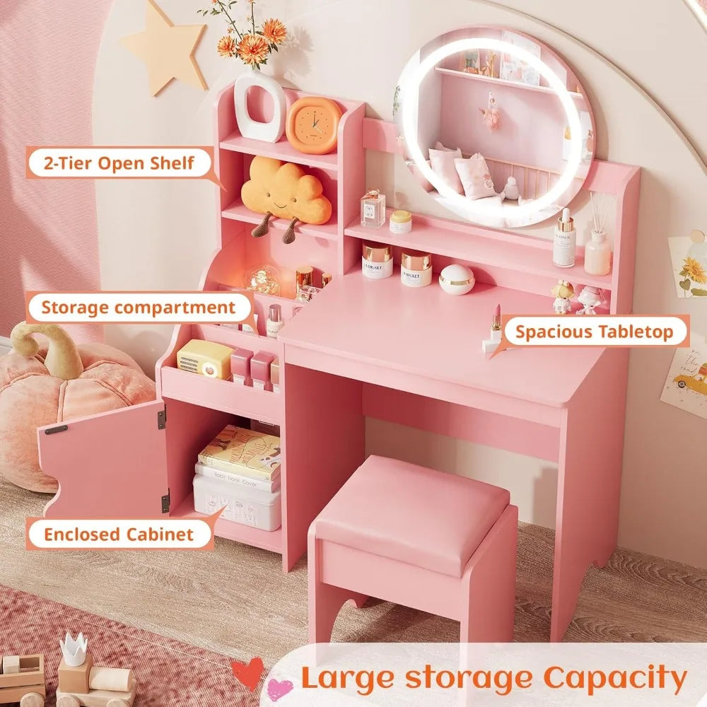 Kids Vanity with Lights, Princess Makeup Vanity Desk with Open Bookshelf, Storage Cabinet & Shelves, Toddler Vanity Tabl
