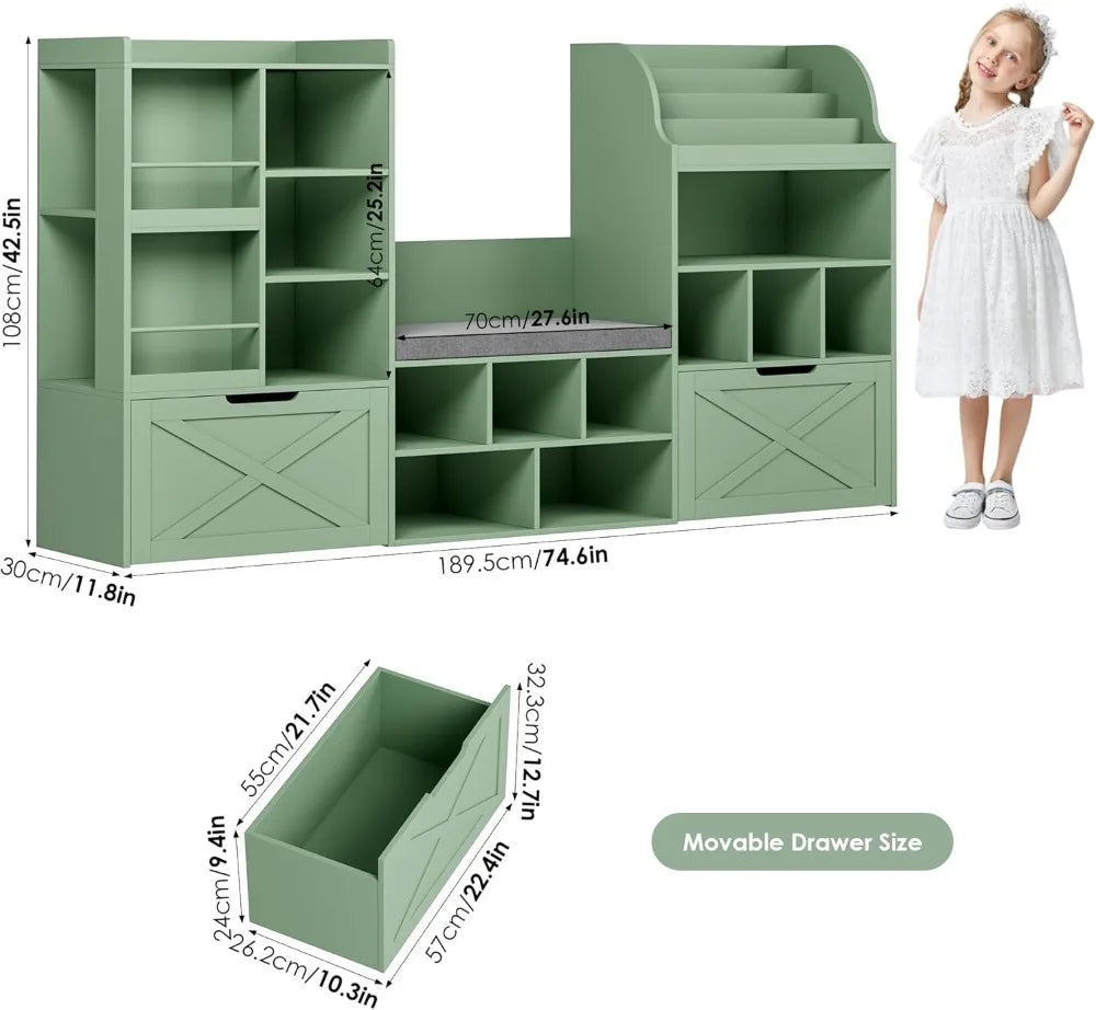 75" Kids Bookshelf with Reading Nook, Toy Storage Organizer with Seat Cushion & Movable Drawers for Playroom