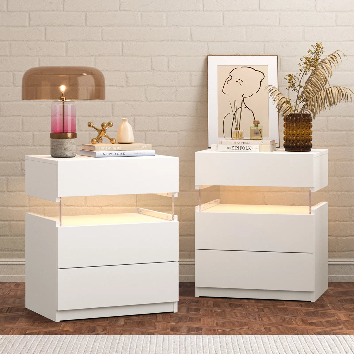 Cubehom LED Bedside Tables with Three Drawers for Bedroom