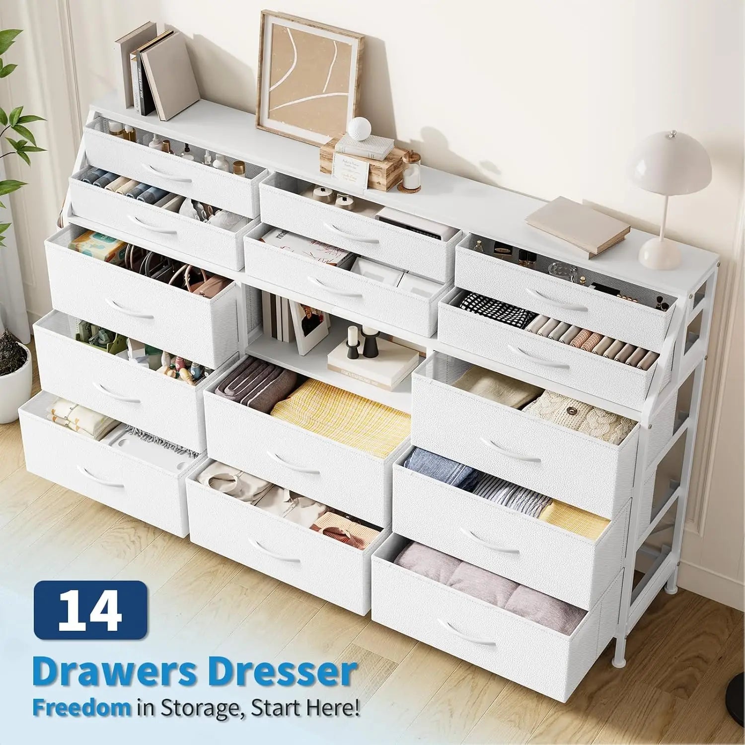 14 Drawer Dresser for Bedroom, Fabric Chest of Drawers with Wooden Top, Large Storage Cabinet with Metal Frame for Closet