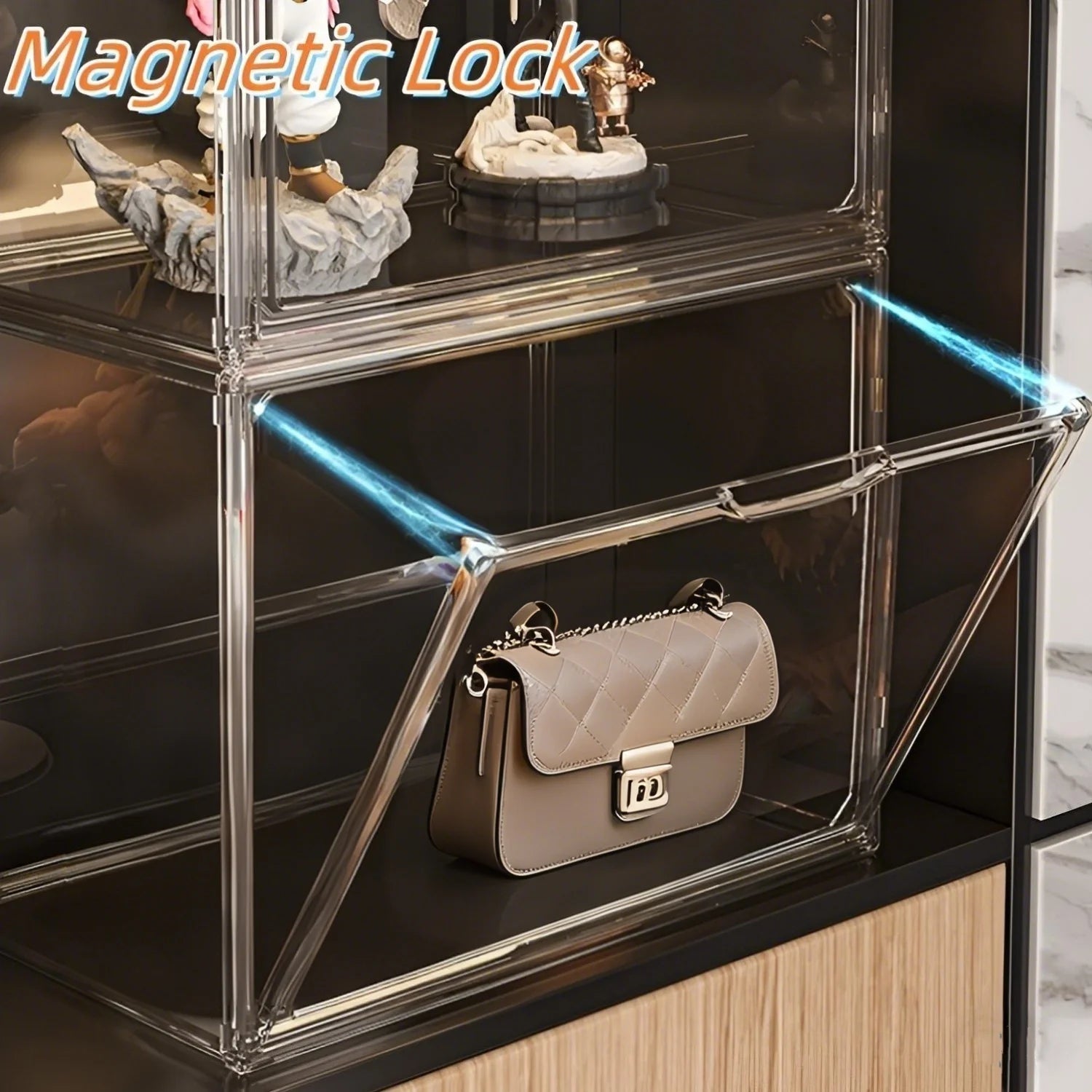 Clear Display Box Organizer Stackable with Magnetic Door Large Capacity Storage Box Purse Showcase For Makeup Book Collectibles