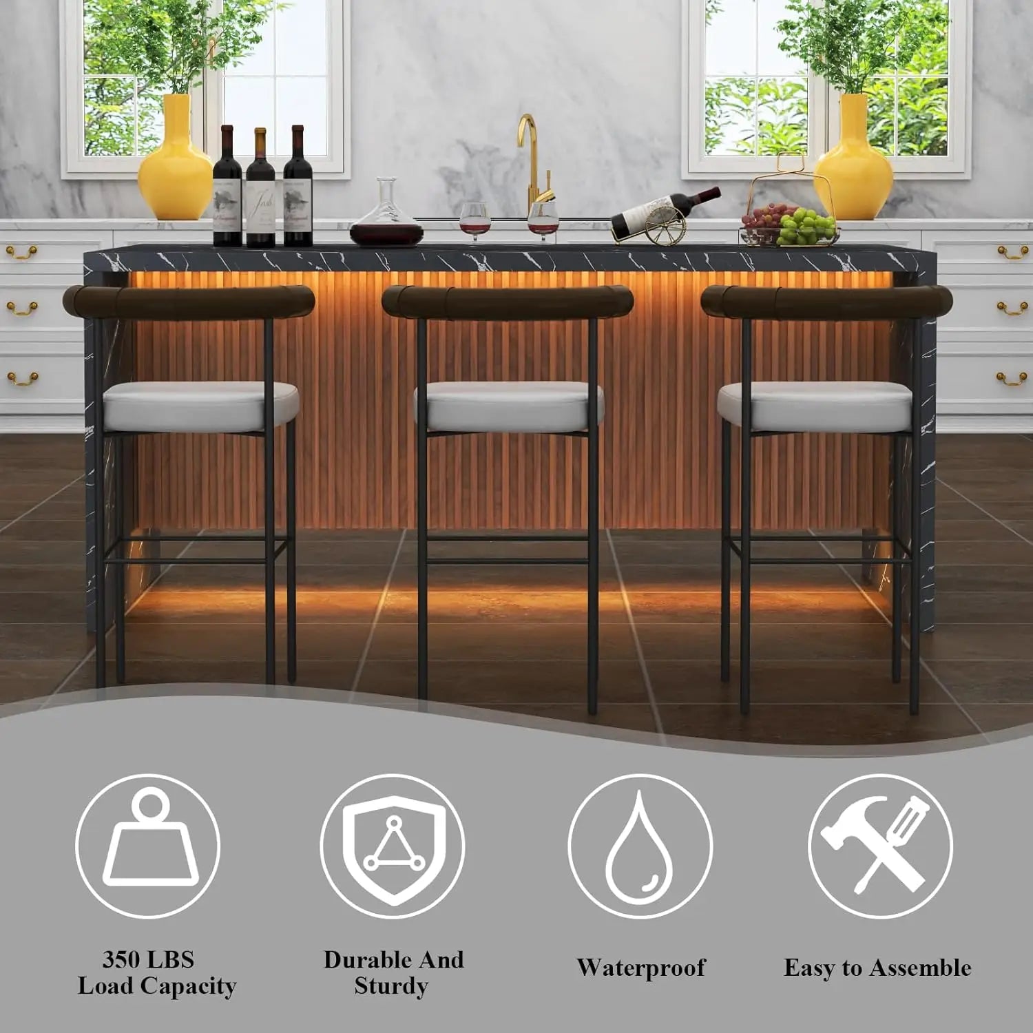 71" Large Imitation Marble Dining Table for 4-6 People, Island Table with LED Lights, Marble Stripes Kitchen Dining Tabl