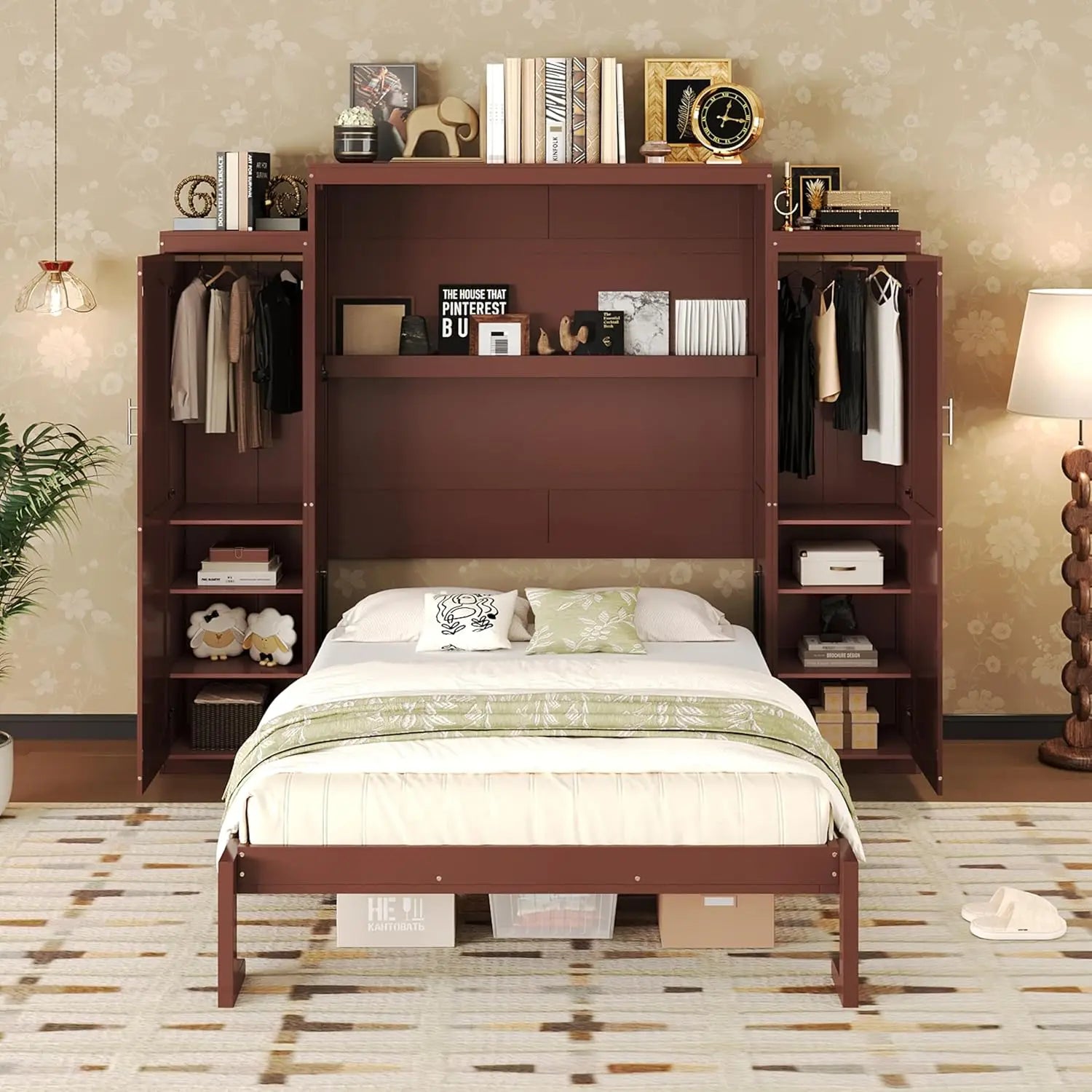 Queen Murphy Bed Wood Wall Bed with 2 Closets & Storage Shelf Foldable Platform Frame for Guest Room Bedroom Walnut, Customized