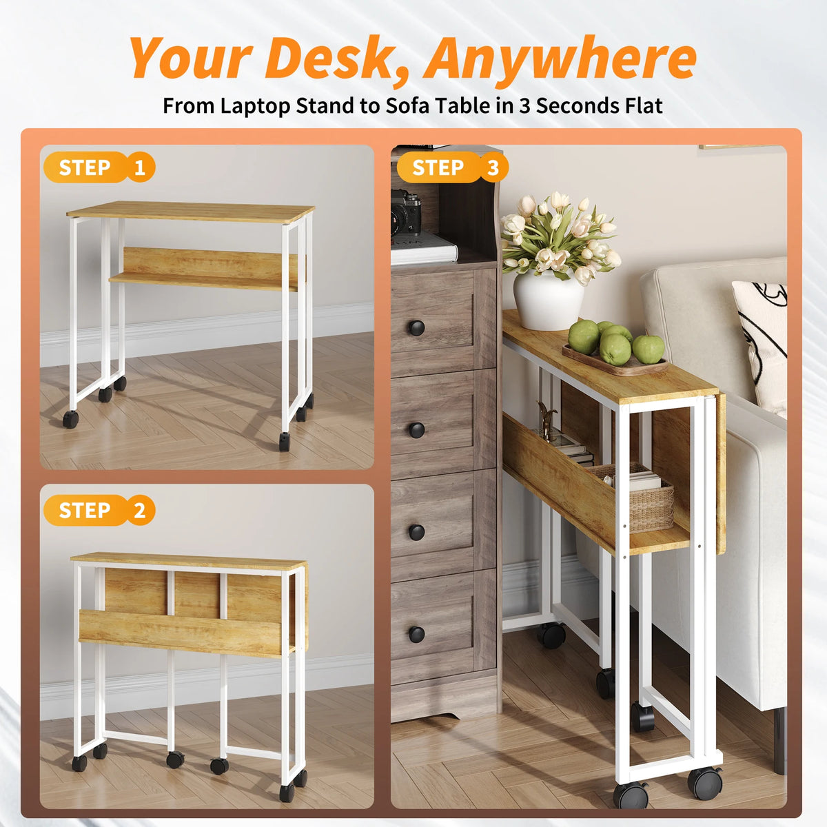 HOSSLLY Folding Computer Desk With Wheels And Storage Shelf