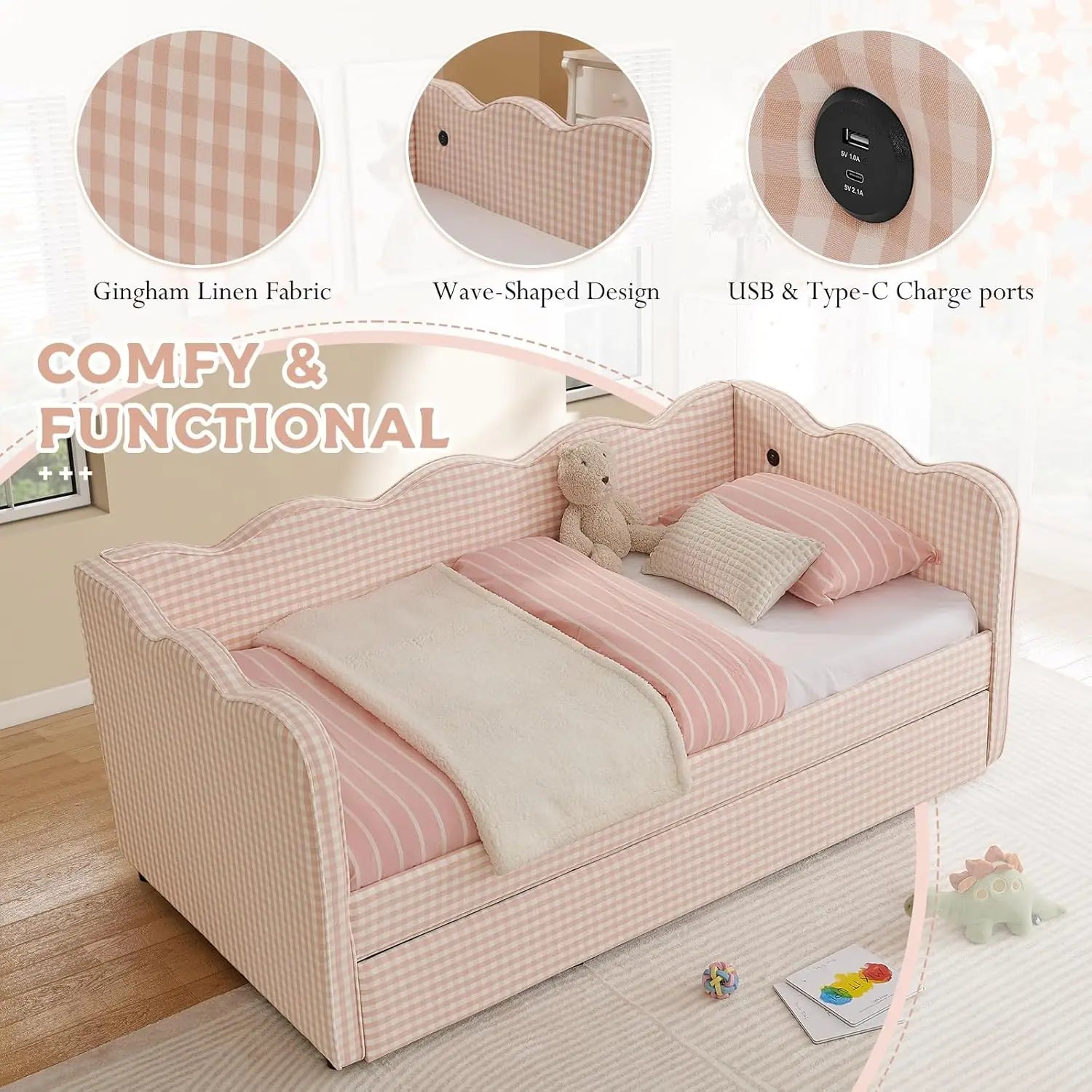 Twin Daybed Pop Up Trundle Linen Upholstered Convertible Sofa Bed Guest Room No Box Spring Customized