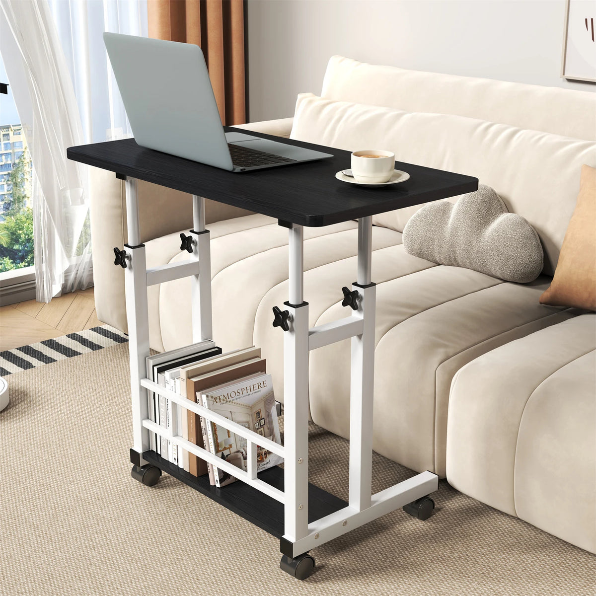 HiMISS Adjustable Height Mobile Standing Desk with Storage Basket