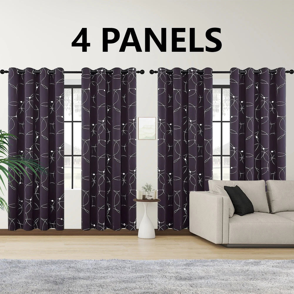 4PCSBlackout Curtains Grommet Thermal Insulated Room Darkening With Circle And Dots Foil Printed For Bedroom