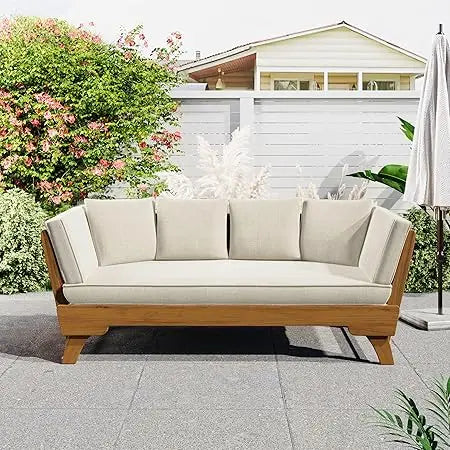 Outdoor Patio Daybed Sofa,3-Seat Sofa with Foldable Arm 4 Back Pillows,Teak Acacia Wood Frame Beige Removable Cushion,Teak+ Bei