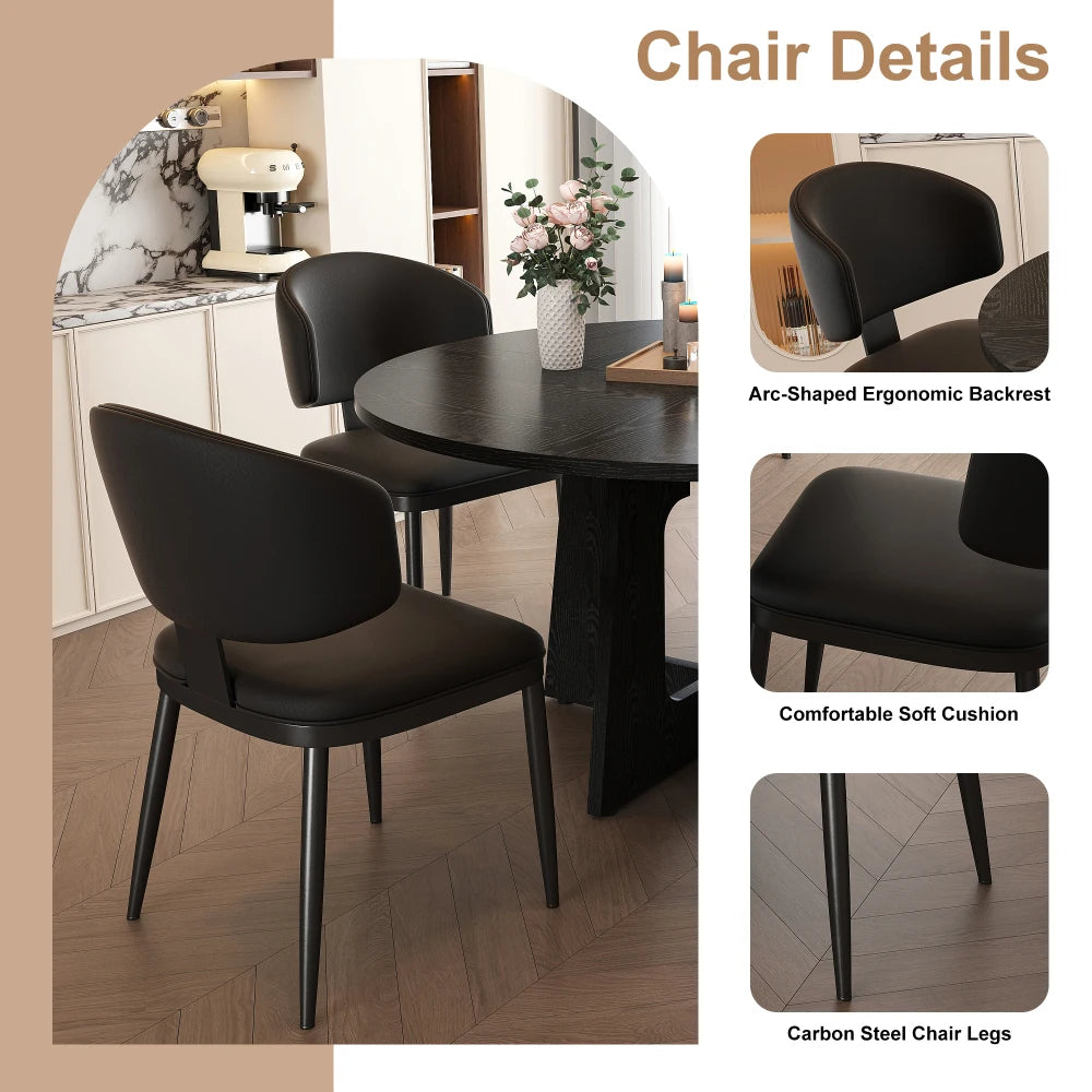 5 Piece Round Dining Table Set for 4, 47 Inch Farmhouse Kitchen Table with 4 Chairs, Black Wood Grain Finish, PU Leather Seats, Easy Assembly