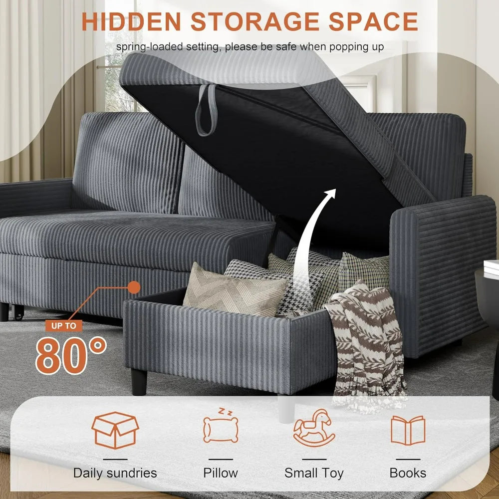 Vongrasig L Shaped Convertible Sofa Bed Pull Out Couch Storage Chaise Corduroy Dark Grey