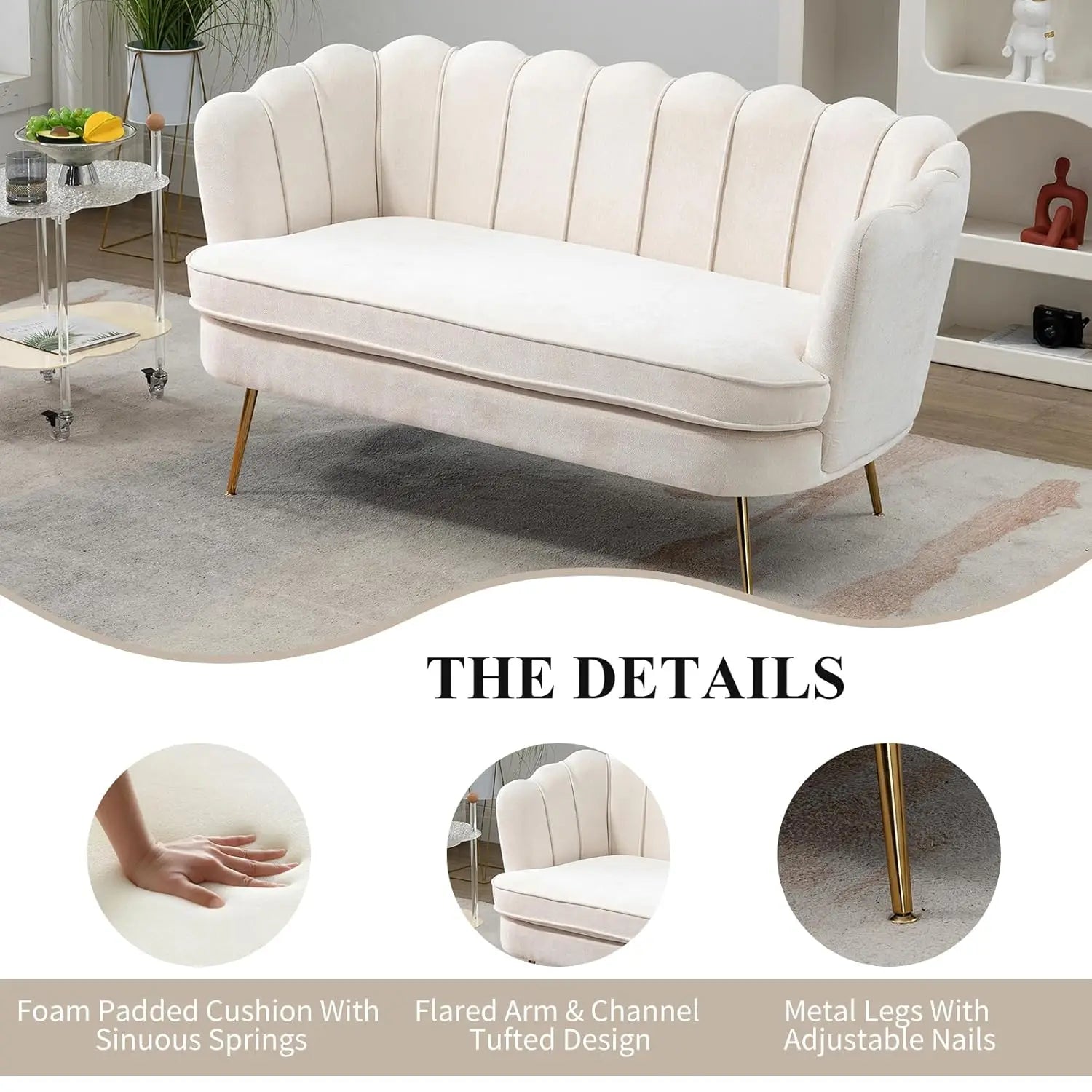 59" Chenille Upholstered Loveseat with Gold Metal Legs Petal Design Modern Mini Sofa for Bedroom Apartment, Customized