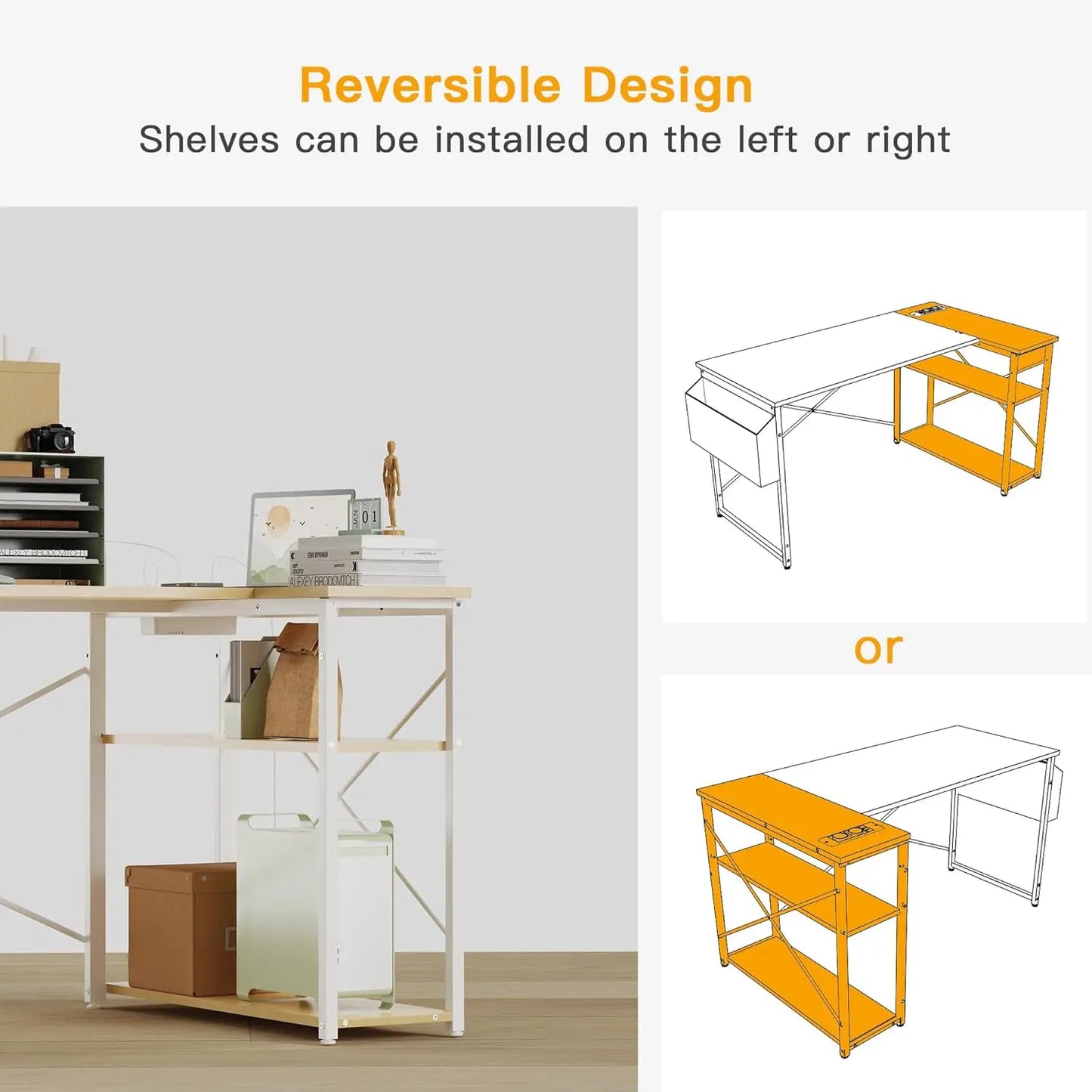 L-Shaped Computer Desk With Power Outlets And Reversible Shelves