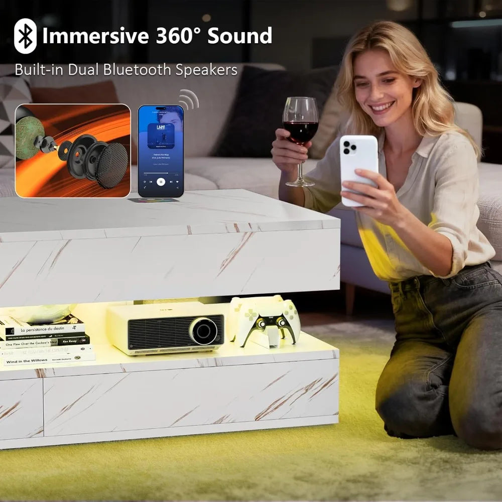 47.2" Coffee Tables with Storage Drawers,Smart Living Room Table with Wireless Charging & Bluetooth Speaker,Modern Center Tables