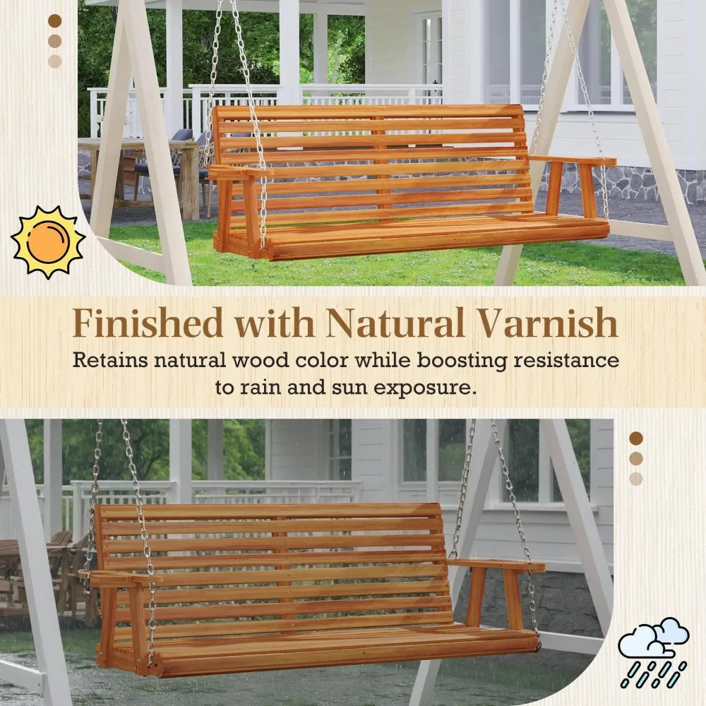 Wooden Porch Swing with Cup Holders and Chains, 880 lbs Capacity Outdoor Swing Chair Bench for Courtyard and Patio