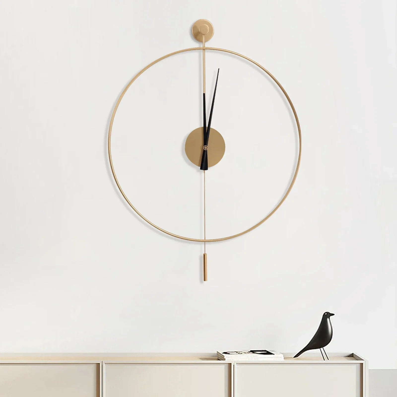 Gold Wall Clock with Pendulum Hollow Design Battery Operated Silent Quartz Movement 50cm Round for Living Room Decor