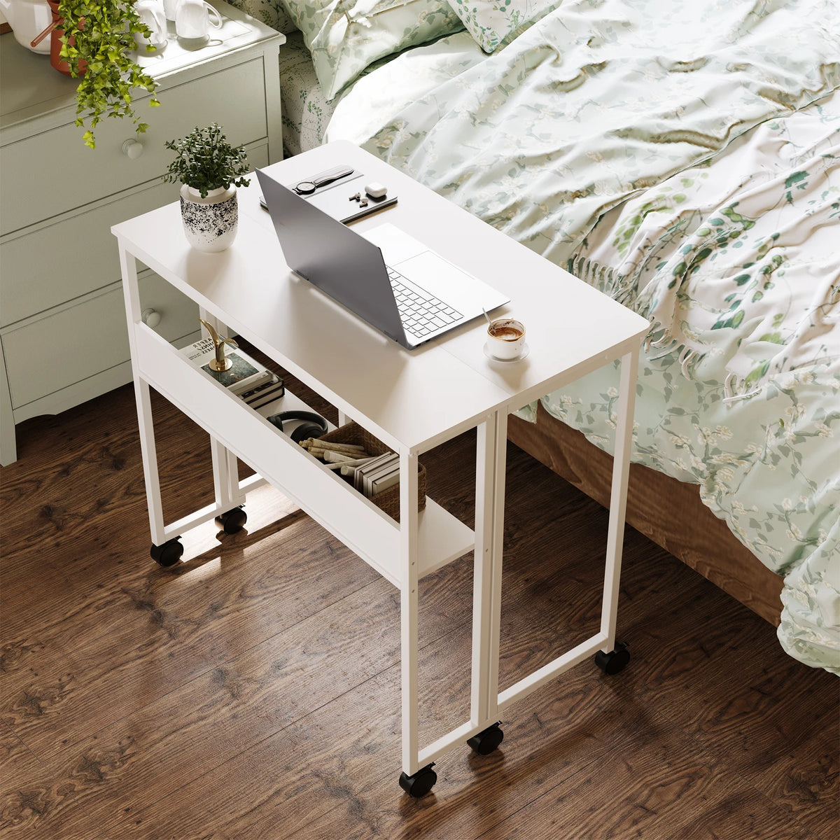 HOSSLLY Folding Computer Desk With Wheels And Storage Shelf