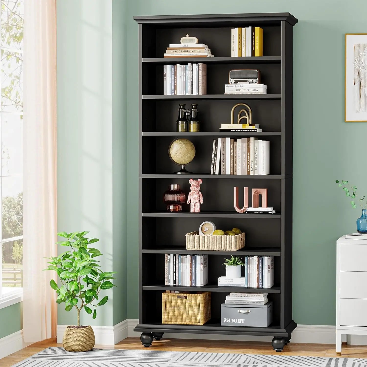 Bookcase with LED Lighting,Freestanding Bookshelf with Solid Wood Legs,Open Display Shelf Organizer for Living Room, Home Office