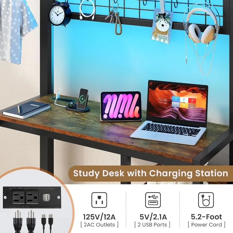 Bunk Bed with Desk,Led Lights and Charging Station Metal L-Shaped Twin Over Twin Bunk Beds with Storage Drawers and Shelv