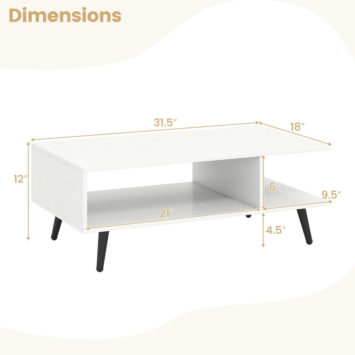 HOMASIS Two Tier Coffee Table With Storage Compartments Metal Legs