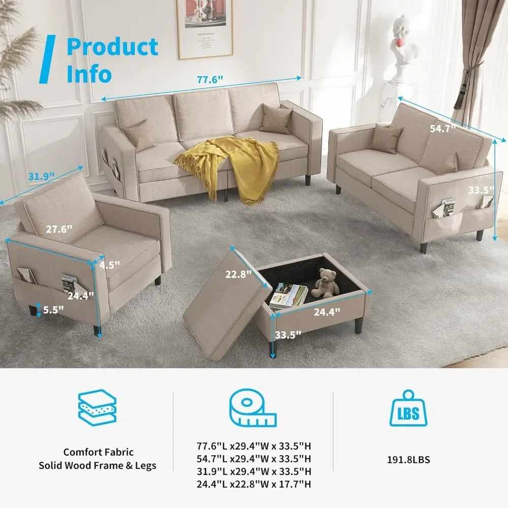 Sectional L Shaped Sofa Couches Set Living Room Furniture Sets,78" Width 3-Seater Small Couch (3+2+1+Ottoman Sofa Set)