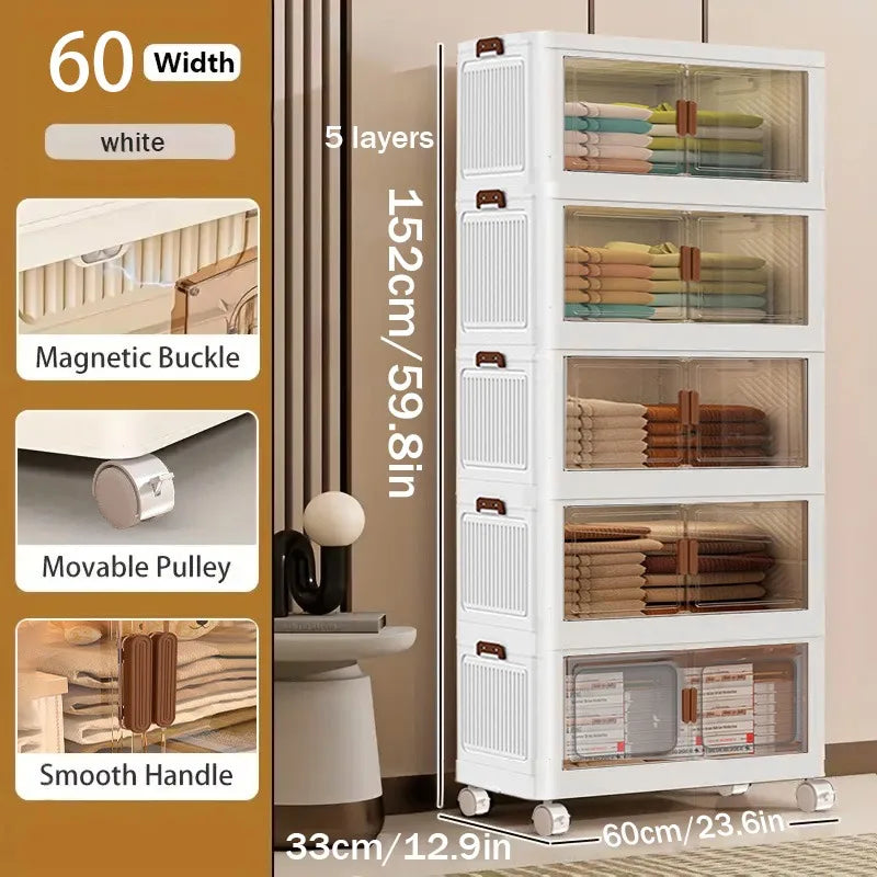 60cm 2/3/4/5 Layers Foldable Storage Cabinet with Wheels for Home Kitchen Bedroom Living Room Clothes Toy Shoes Storage Box