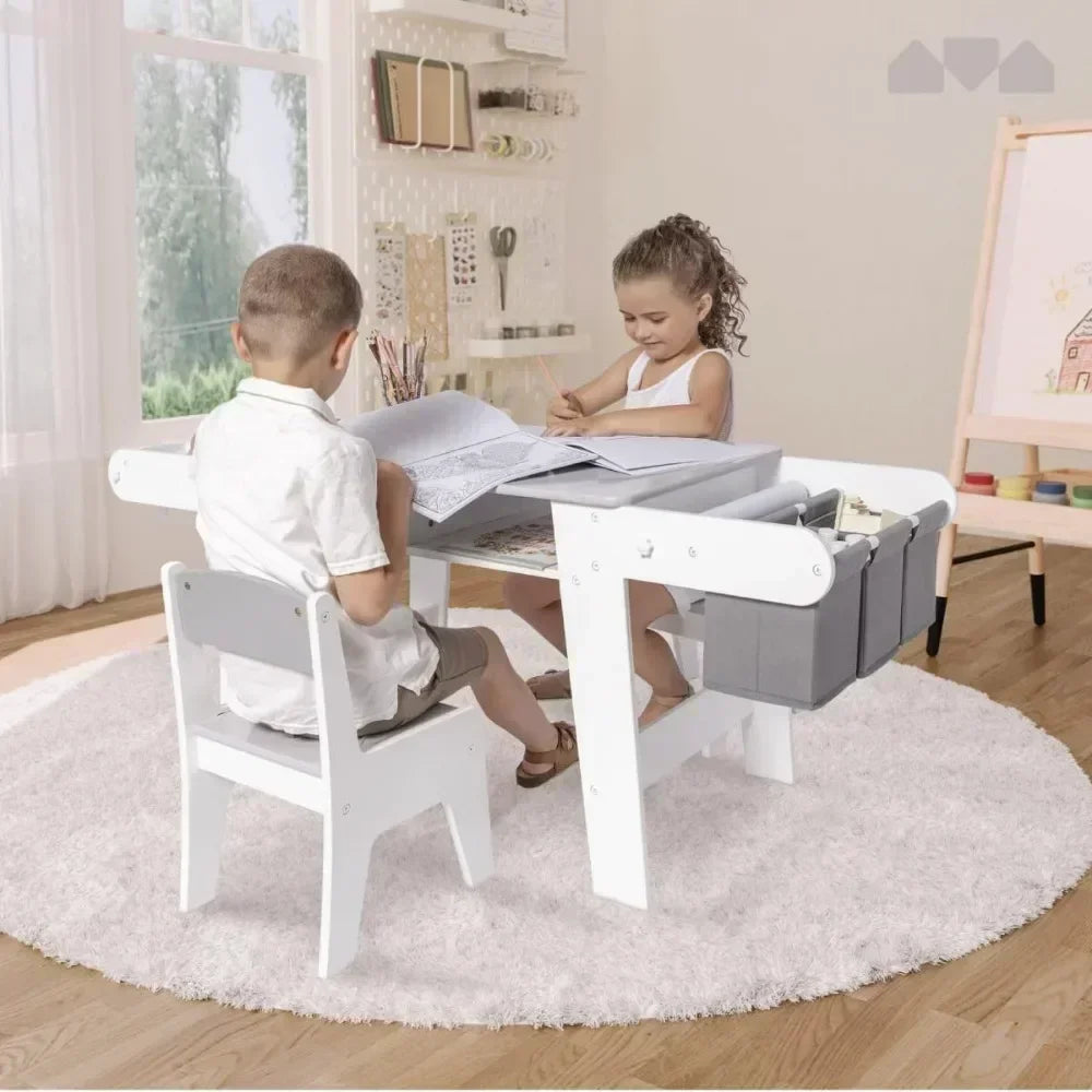 promotion-Kids Art Table Set with Chairs for Playroom, Toddler Craft and Play Wood Activity Table with Storage Bins and Paper Ro