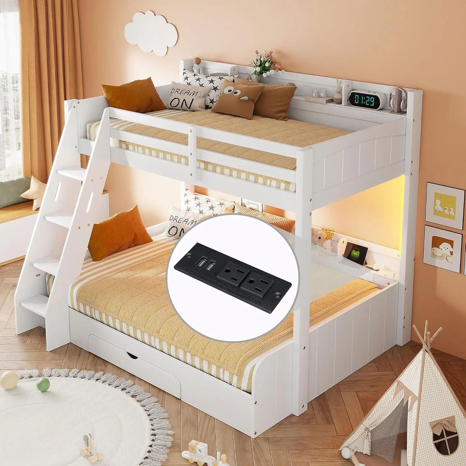 Twin Over Full Bunk Bed with Storage Shelves LED Charging Station & Drawer Solid Wood for Kids Teens Adults White, Customized