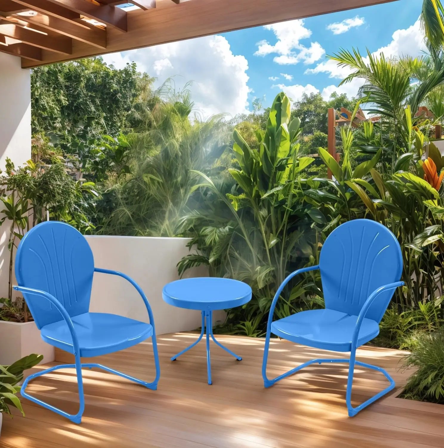 Patio Bistro Set Retro Metal Outdoor Seating Conversation 3 Pieces, 2 C-Spring Motion Armchairs and Round Side Table, for Porch,