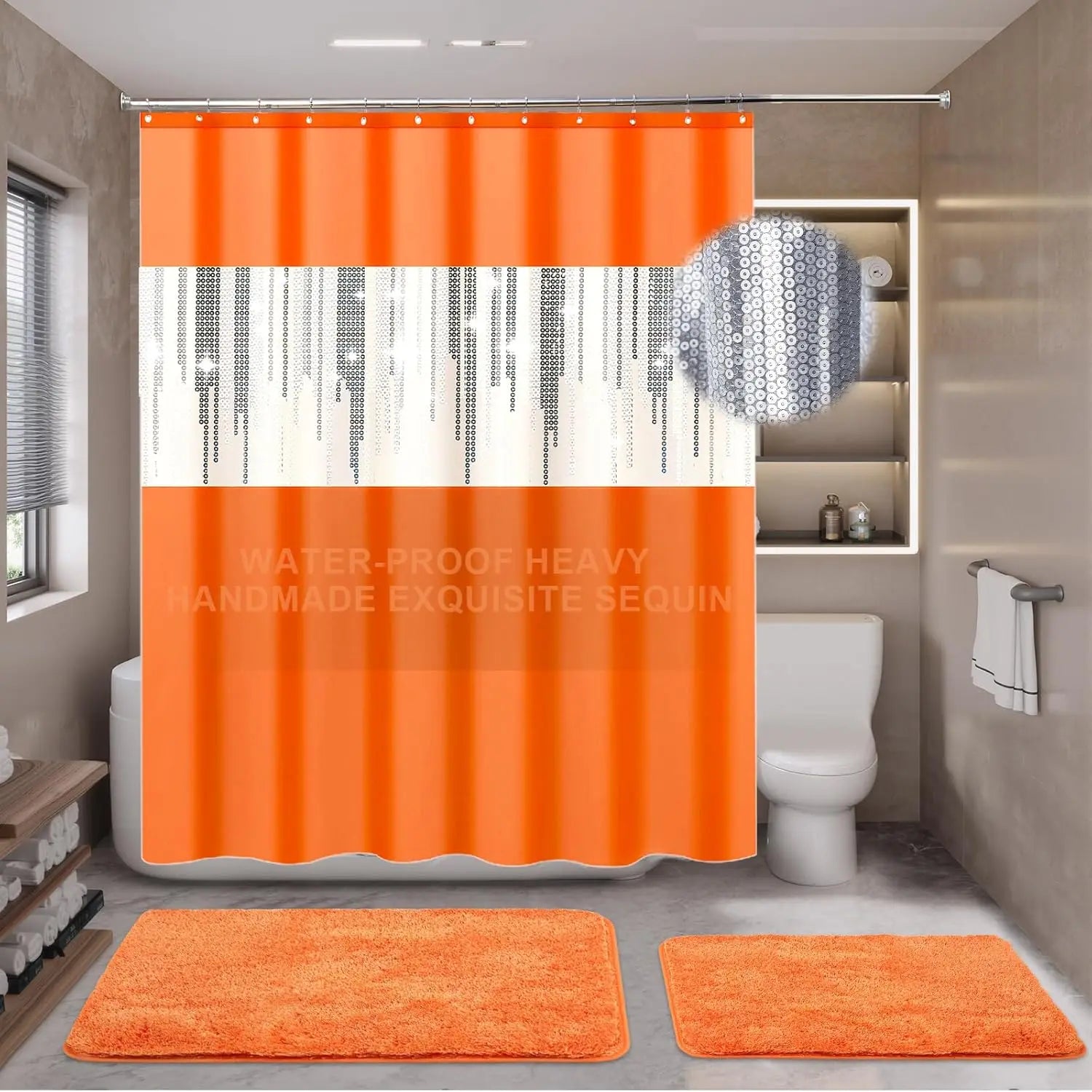 Sparkling Orange Bathroom Set with Sequin Shower Curtain and Soft Rugs - Complete Decor Kit