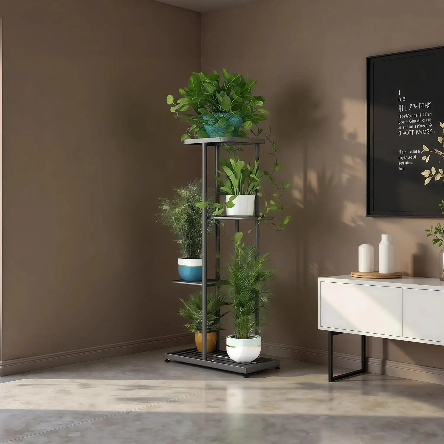 4-Tier Metal Plant Stand for Indoor Outdoor Use, Corner Shelf for Garden Balcony Living Room Patio
