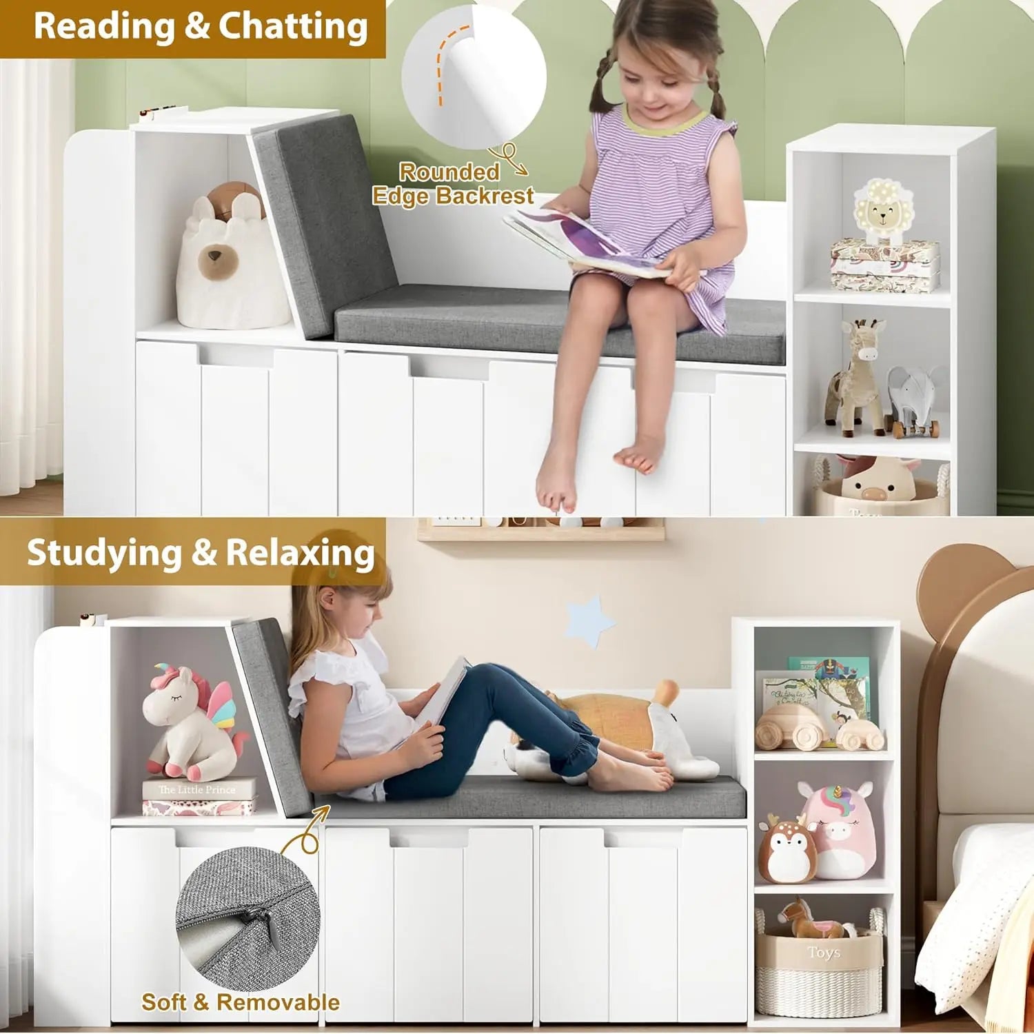 61.5 Kids Reading Nook with 3-Layer Bookshelf, Reading Nook for Kids with Double Bench and Rolling Drawers, Bookshelf and Toy St