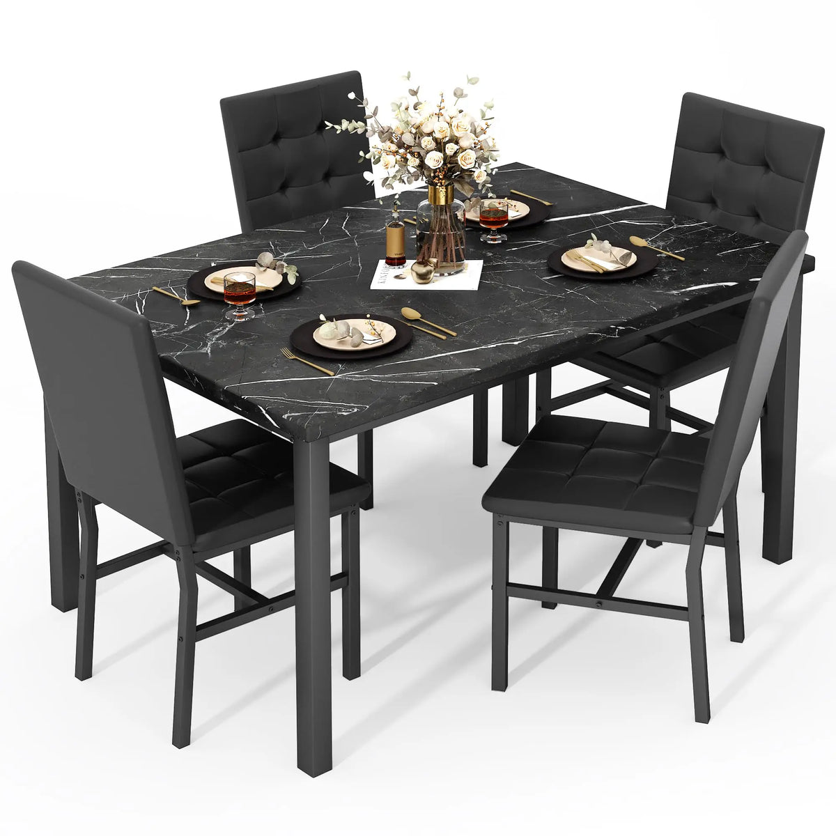 Dining Table Set For 4,Faux Marble Kitchen Table And Chairs Of 4, Modern Dining Room For 4,Dinner Table With Ve