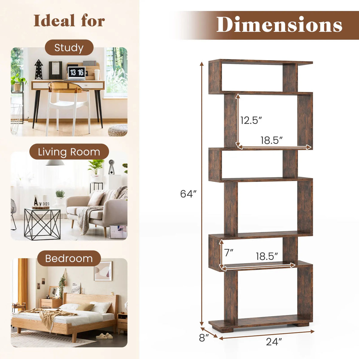 HOMASIS S-Shaped Geometric Storage Bookshelf Bookcase With Anti-Tip Safety Kit